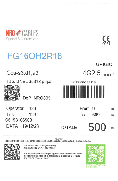 Modello cartellino identificativo dei prodotti riportante il numero della DoP NRG Cables